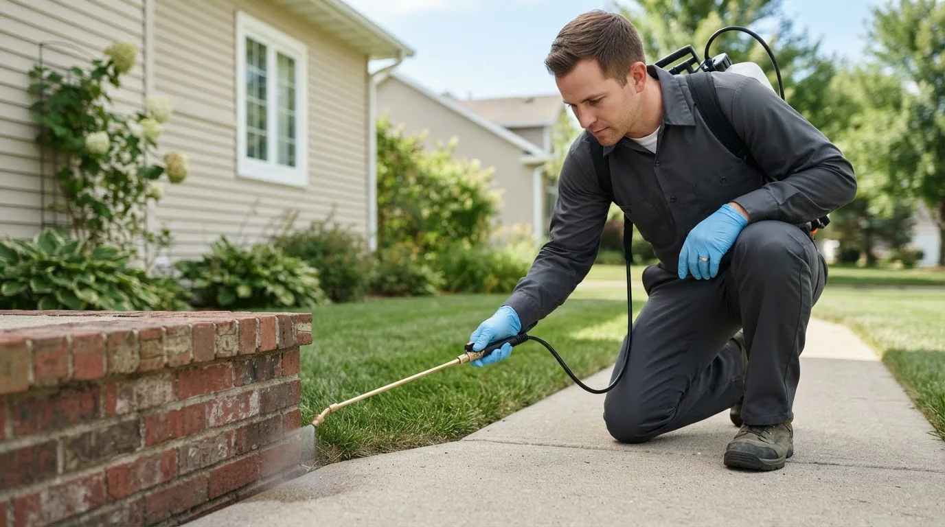 Pest control technician treating a home near Roanoke, AL